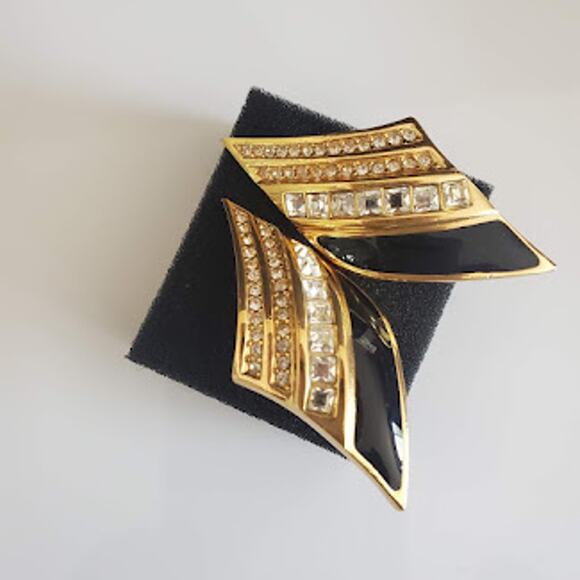 VTG Christian Dior Earrings Gold Plated‎ Black Enamel Crystal Large Clip-On 80's - Picture 4 of 6